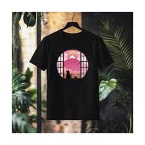 Mount Fuji graphic tee Japanese sunset cat design front view"