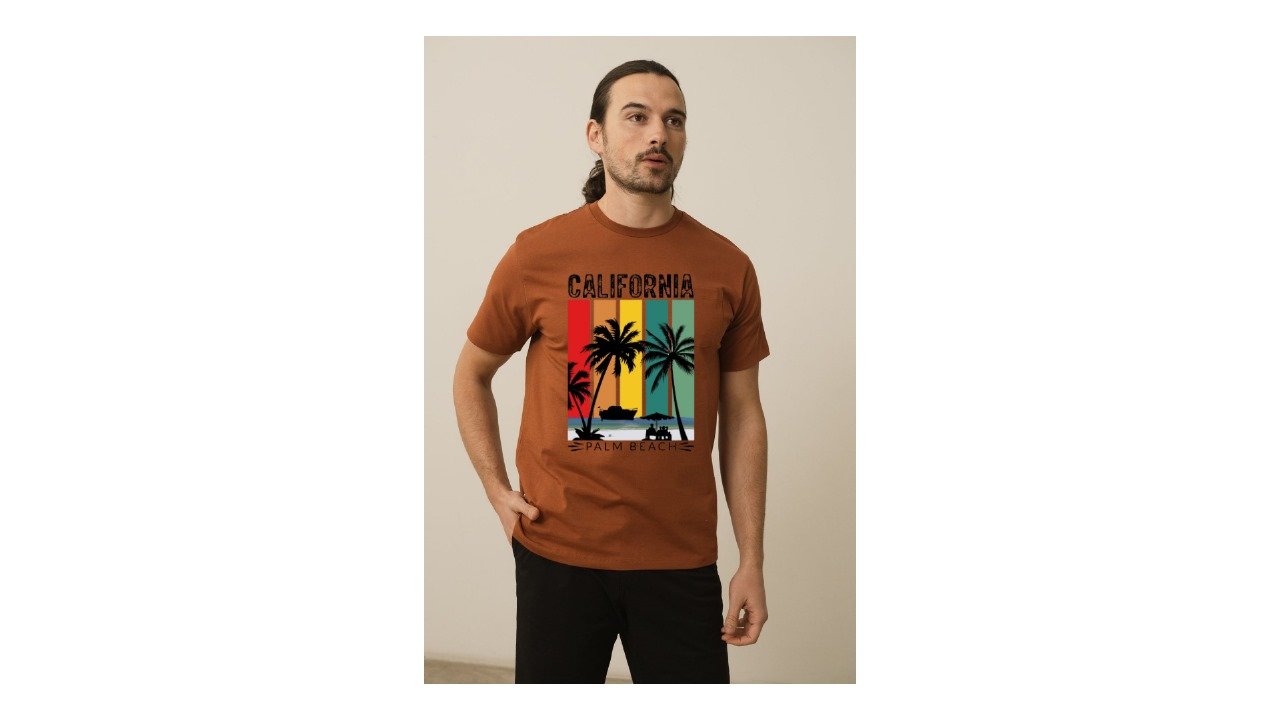 California Palm Tree Printed T-Shirt – Brown Casual Graphic Tee for Men - Image 4
