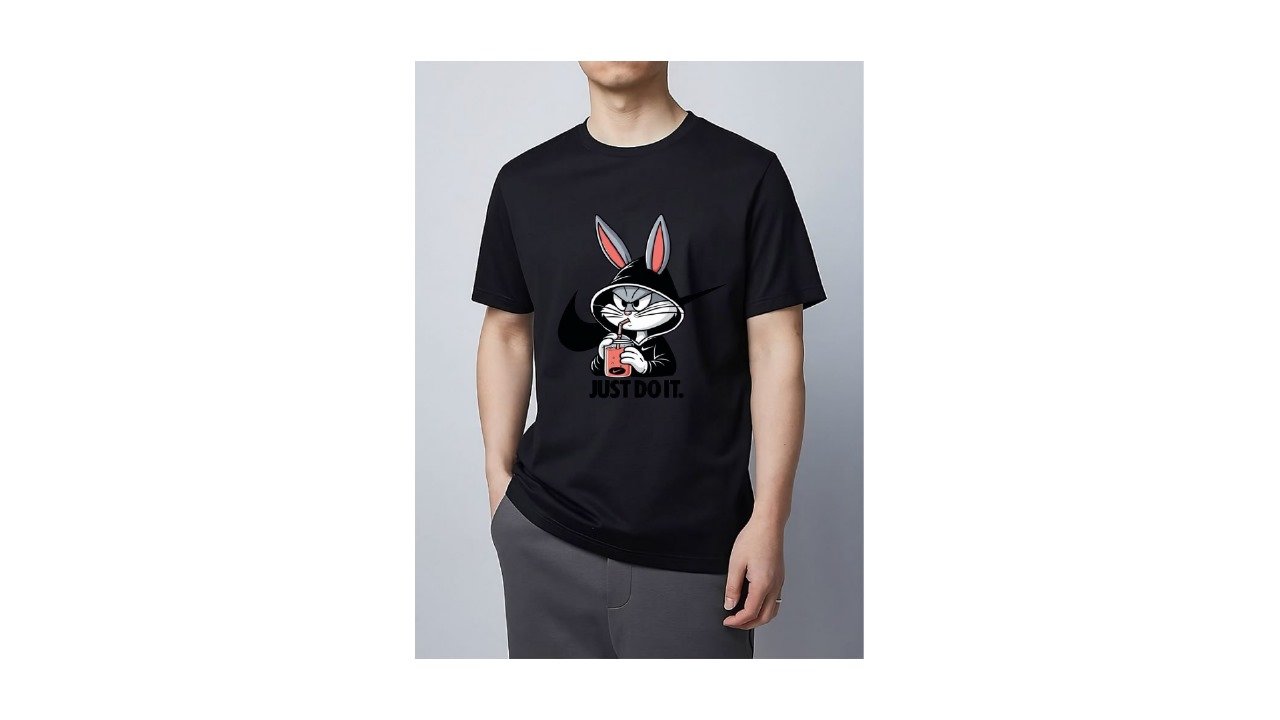 Black Cartoon Bunny Graphic T-Shirt – Just Do It Style | Casual Wear for Men